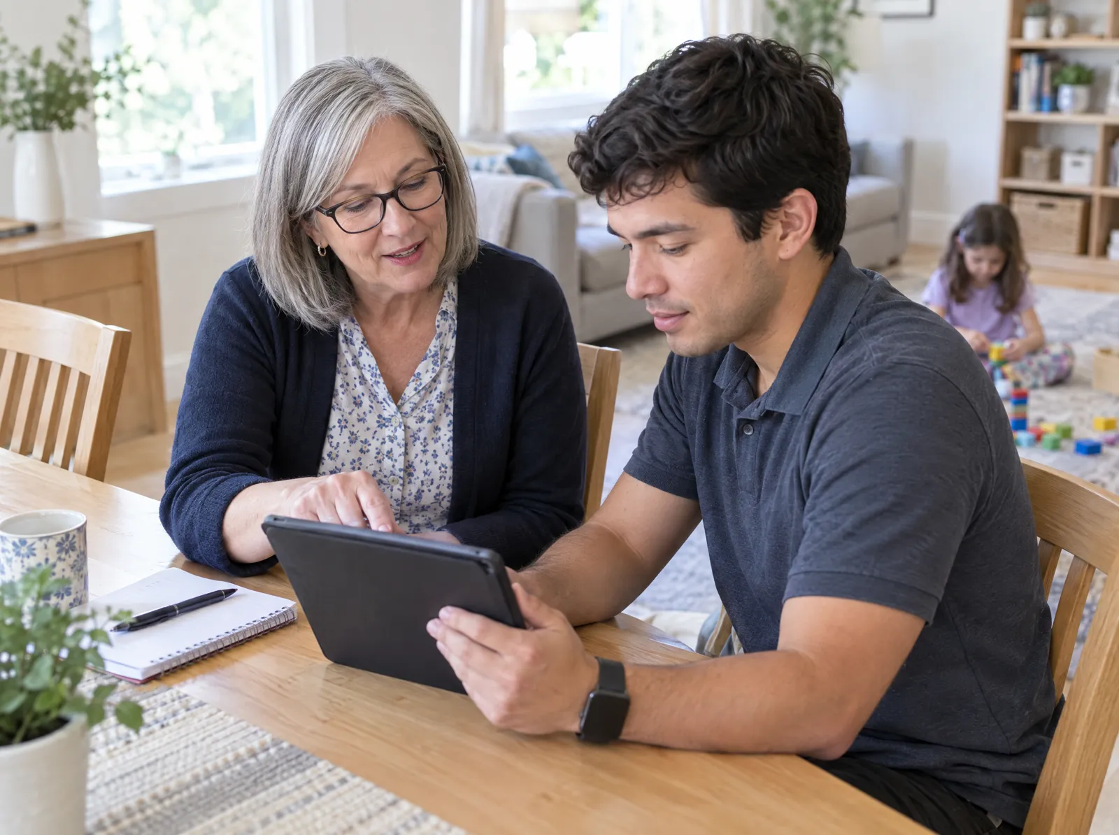A behavior analyst and a behavior technician review notes on a tablet while a child plays nearby