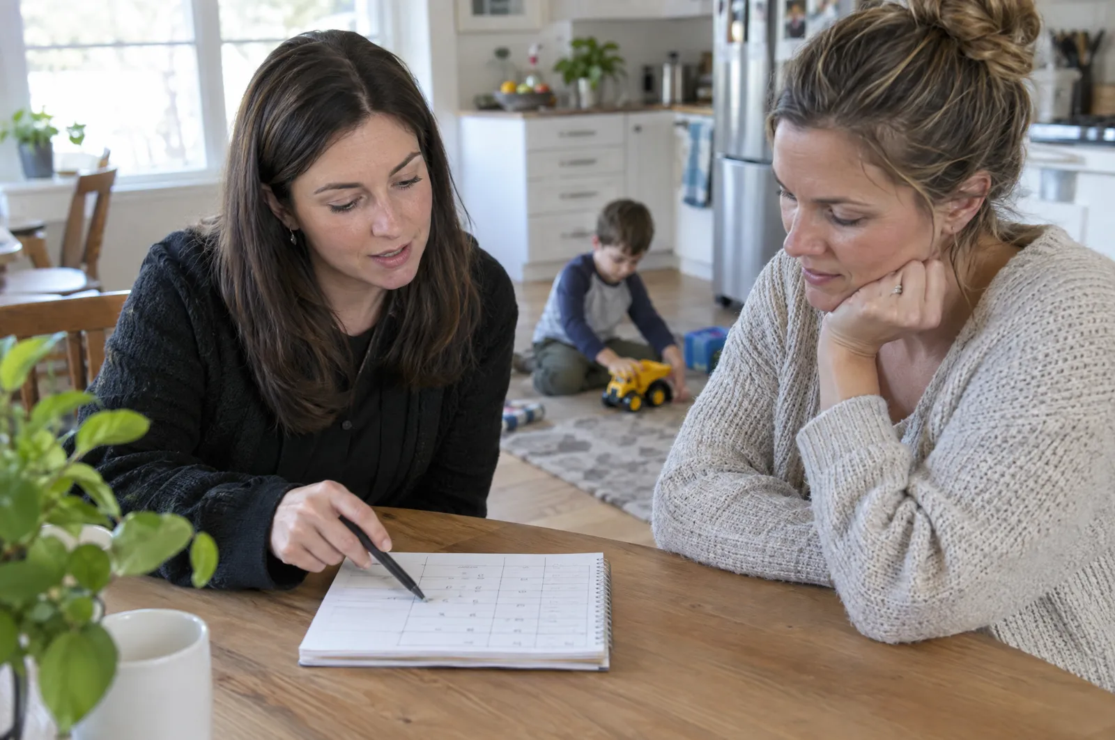 A behavior analyst and a mother review a notebook chart while the son plays