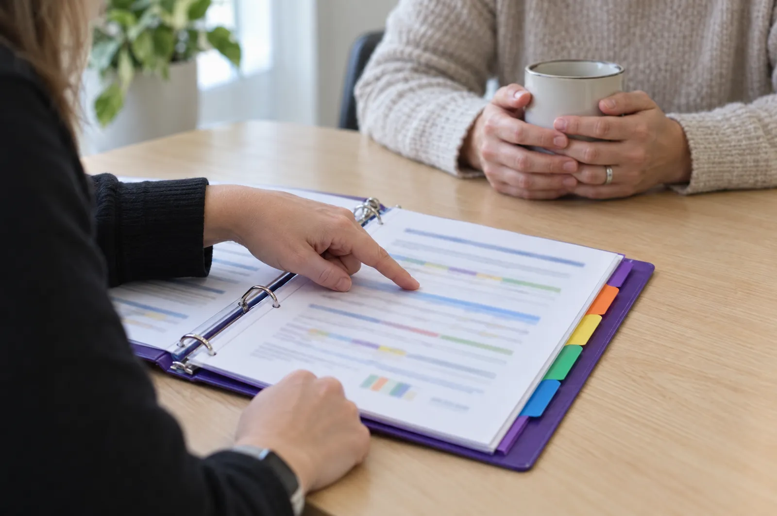 A behavior analyst points to a page in an open purple binder