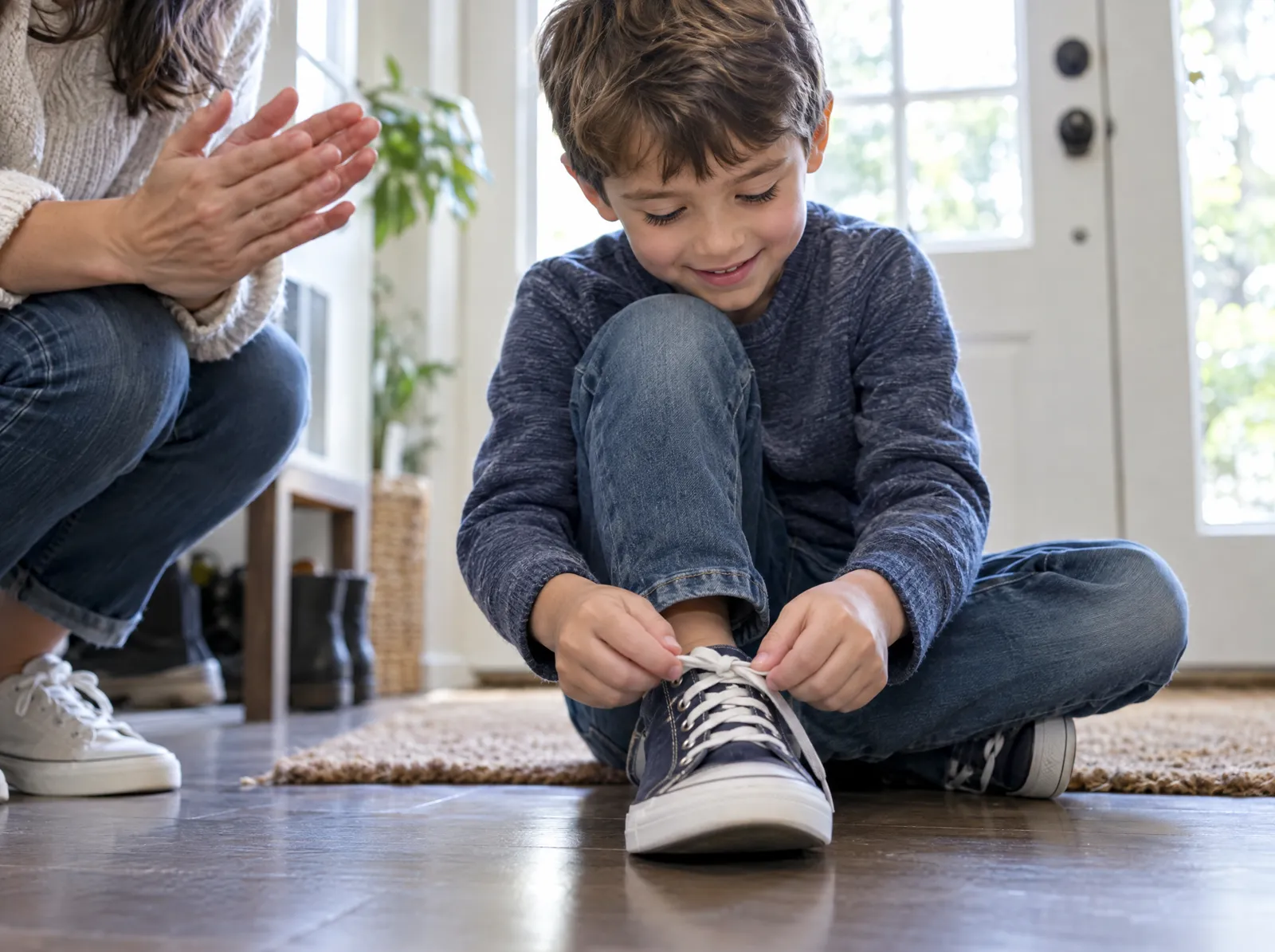 A boy concentrates as he ties his own shoelaces by the front door
