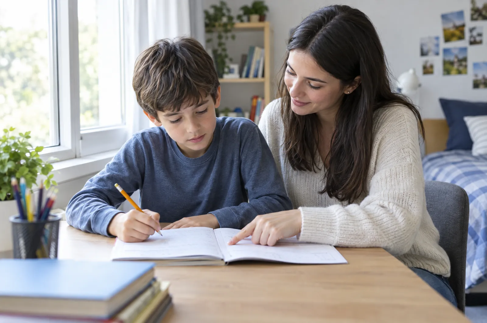A boy does homework while a therapist sits beside him