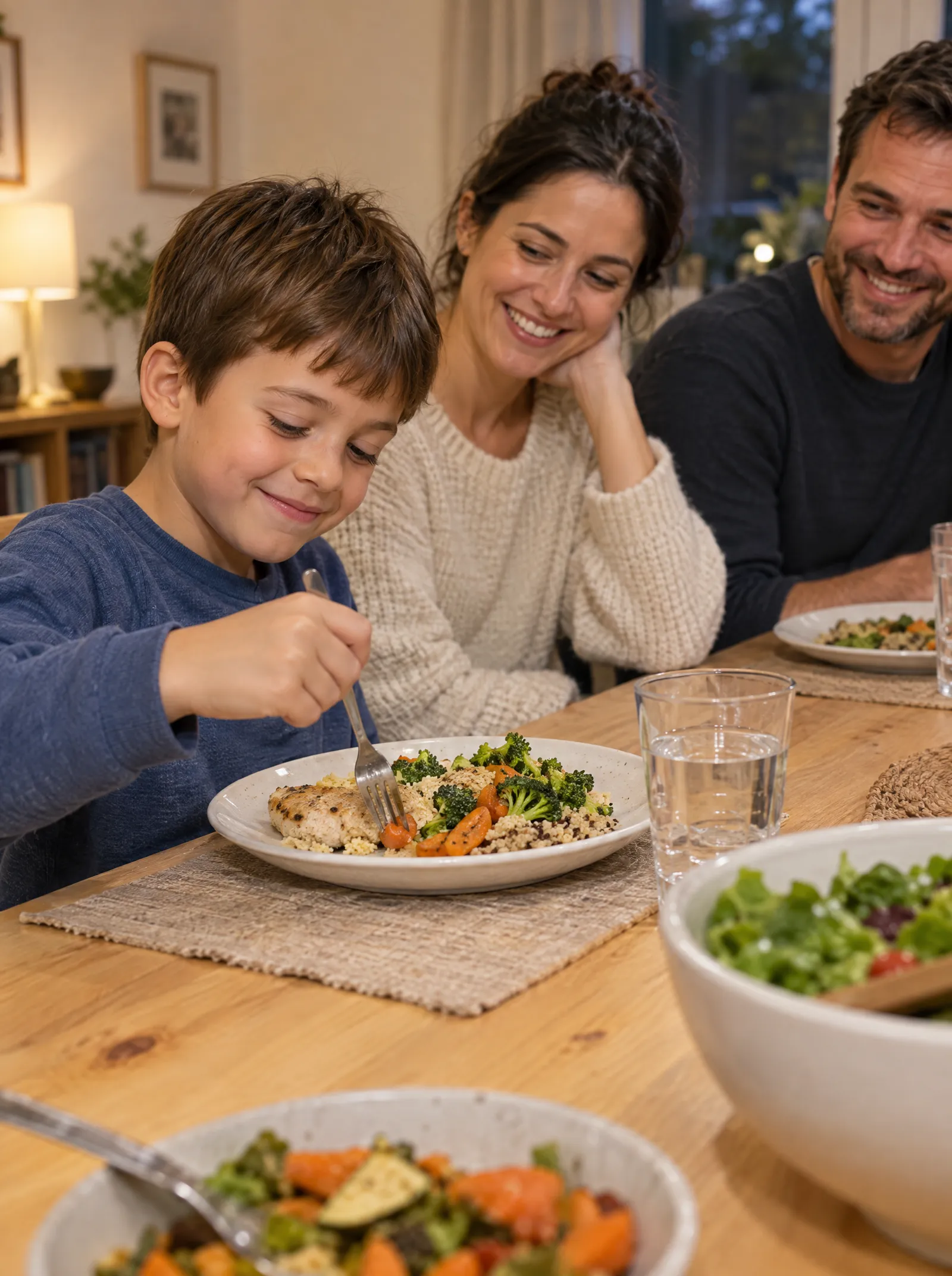 A boy eats with his fork on his own at the dinner table as his parents smile