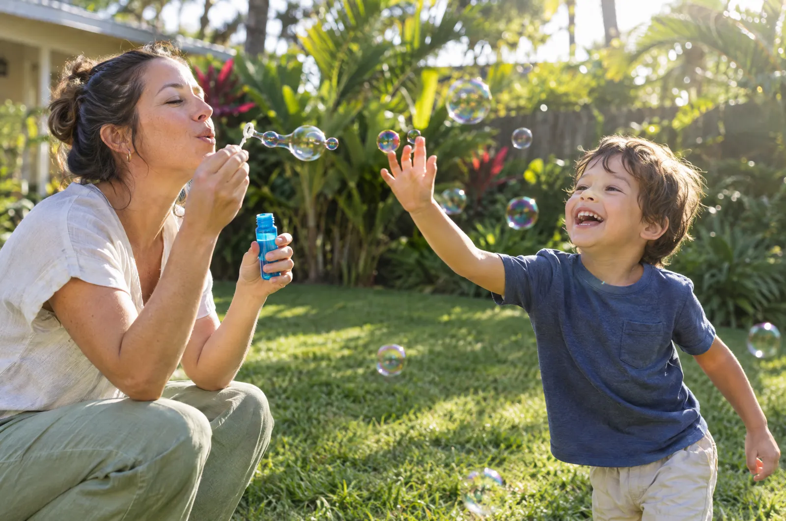 A boy laughs as he pops bubbles a therapist blows in the backyard