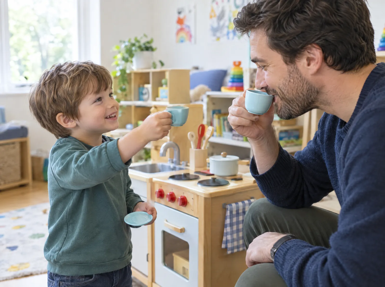 A boy offers a toy teacup to a therapist at a pretend kitchen