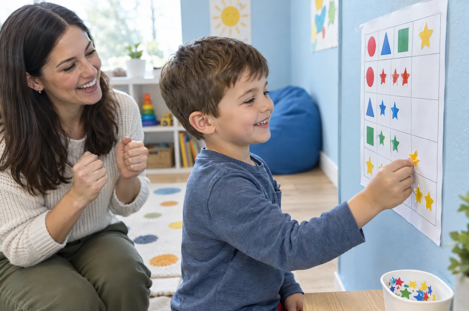 A boy places a star sticker on a reward chart as his therapist cheers