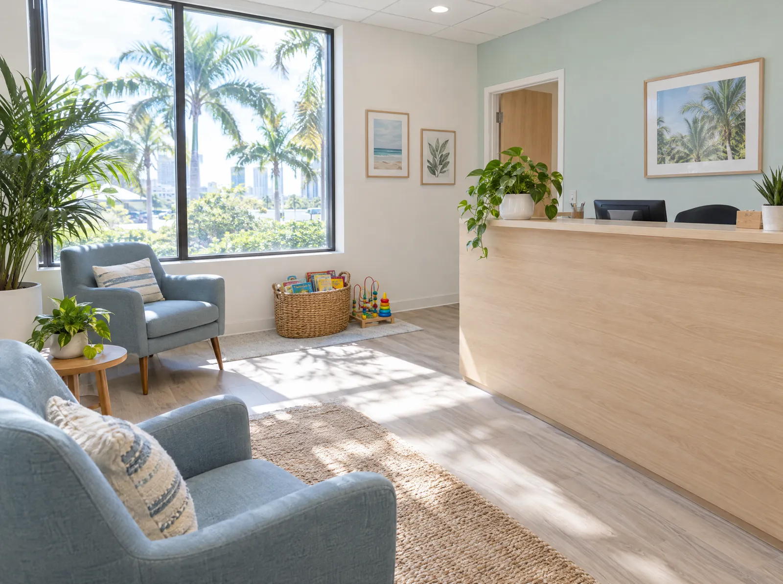 A bright, welcoming office reception area with plants and a basket of children's books