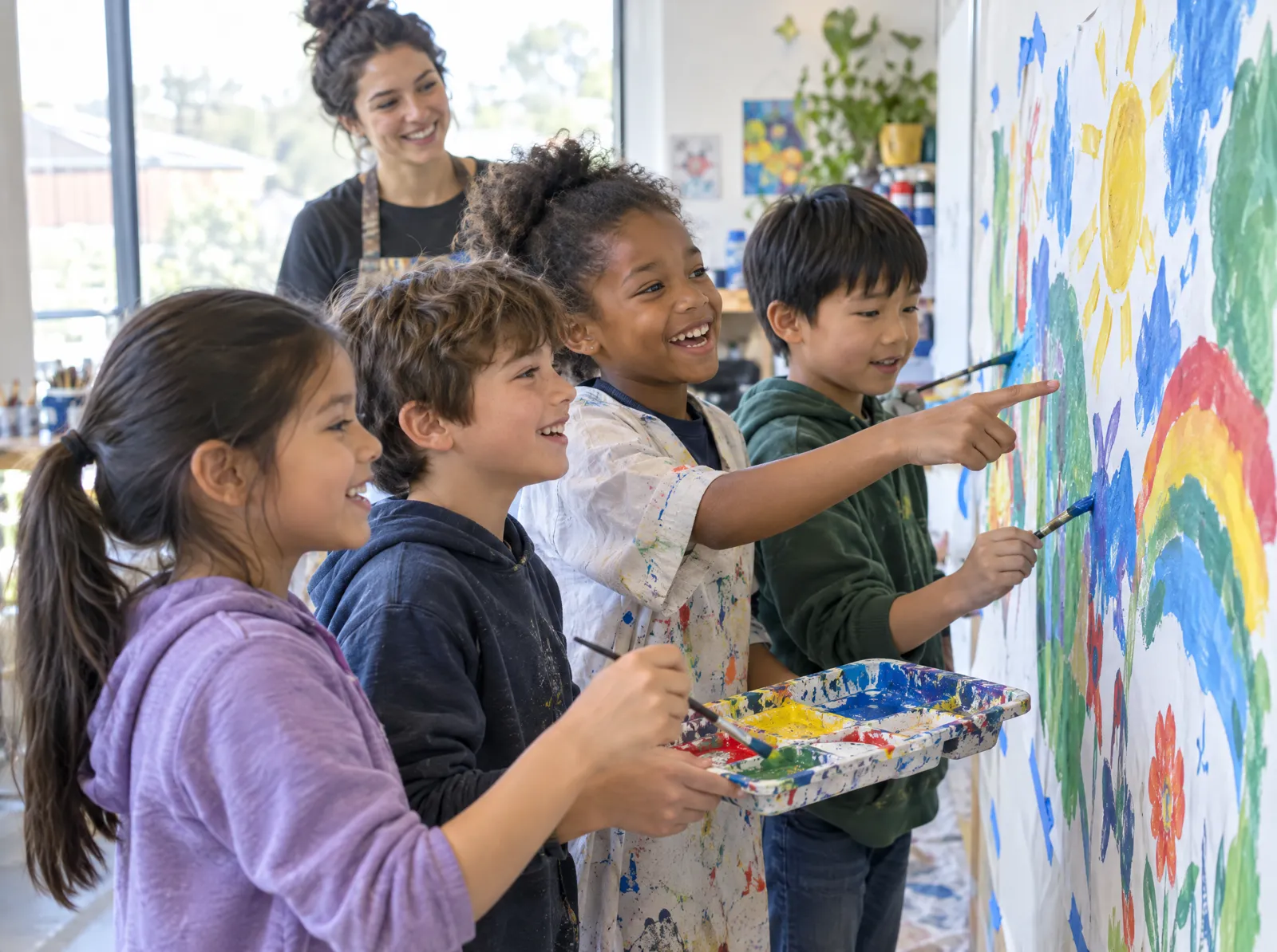 Children paint a colorful mural together, sharing a paint tray