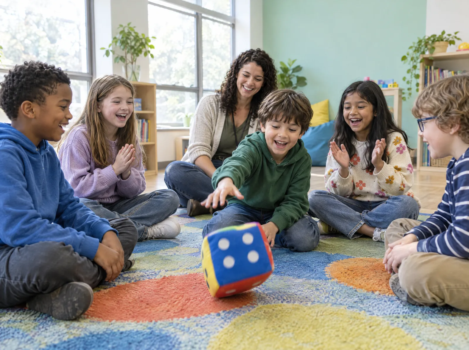 Children sit in a circle and cheer as a friend rolls a big soft die in a turn-taking game