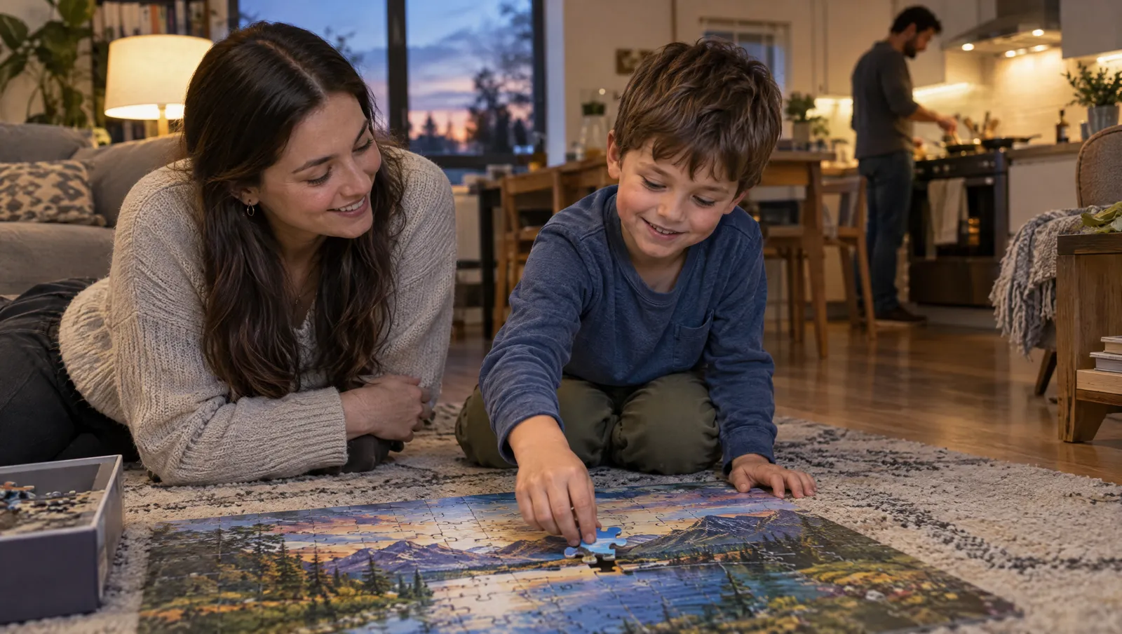 In the early evening, a therapist and a boy finish a floor puzzle while his father cooks in the kitchen