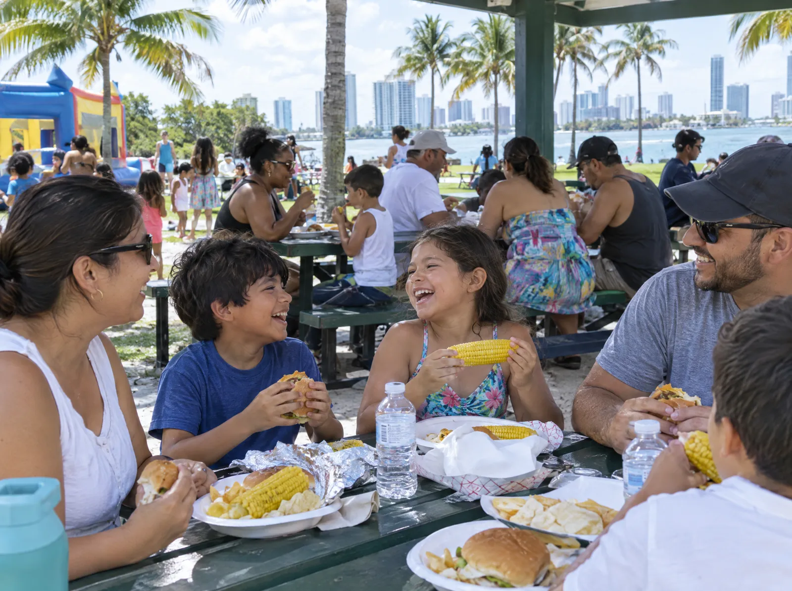 Families share food at picnic tables under palm trees at the park fair