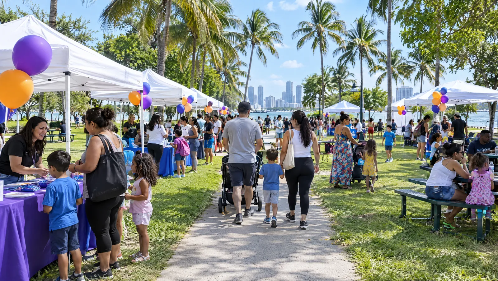 Families walk between canopy tents and balloons at a sunny park resource fair