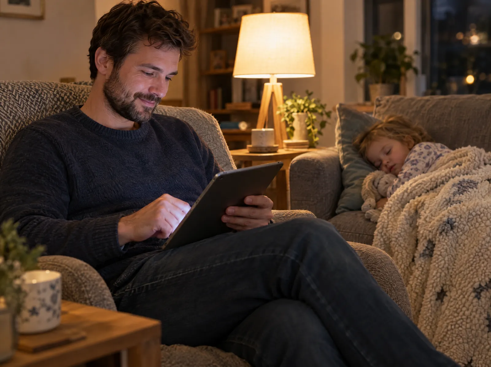 A father fills out an online form on a tablet in the evening while his toddler sleeps beside him