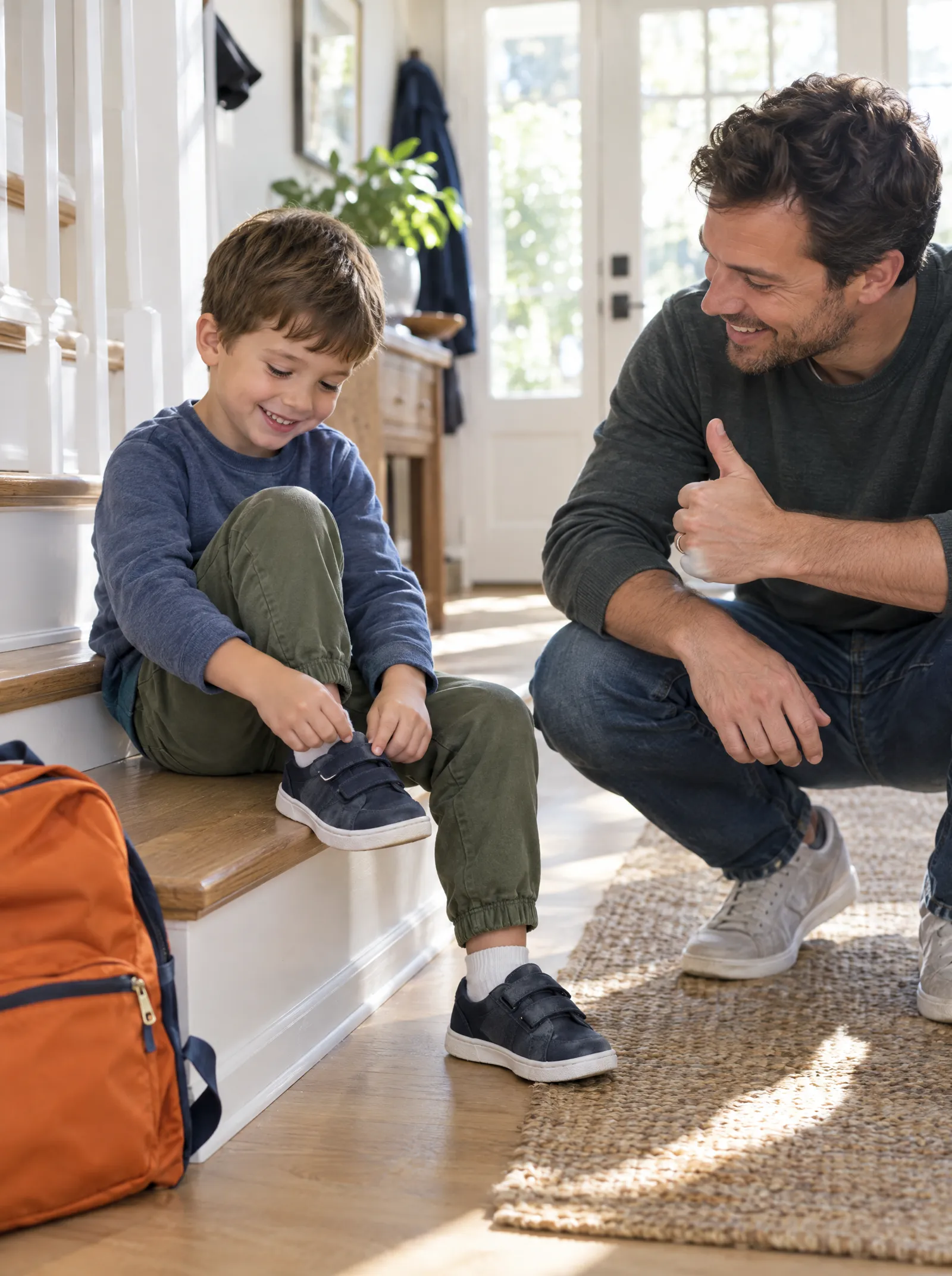 A father gives a thumbs up as his son puts on his own sneaker on the stairs