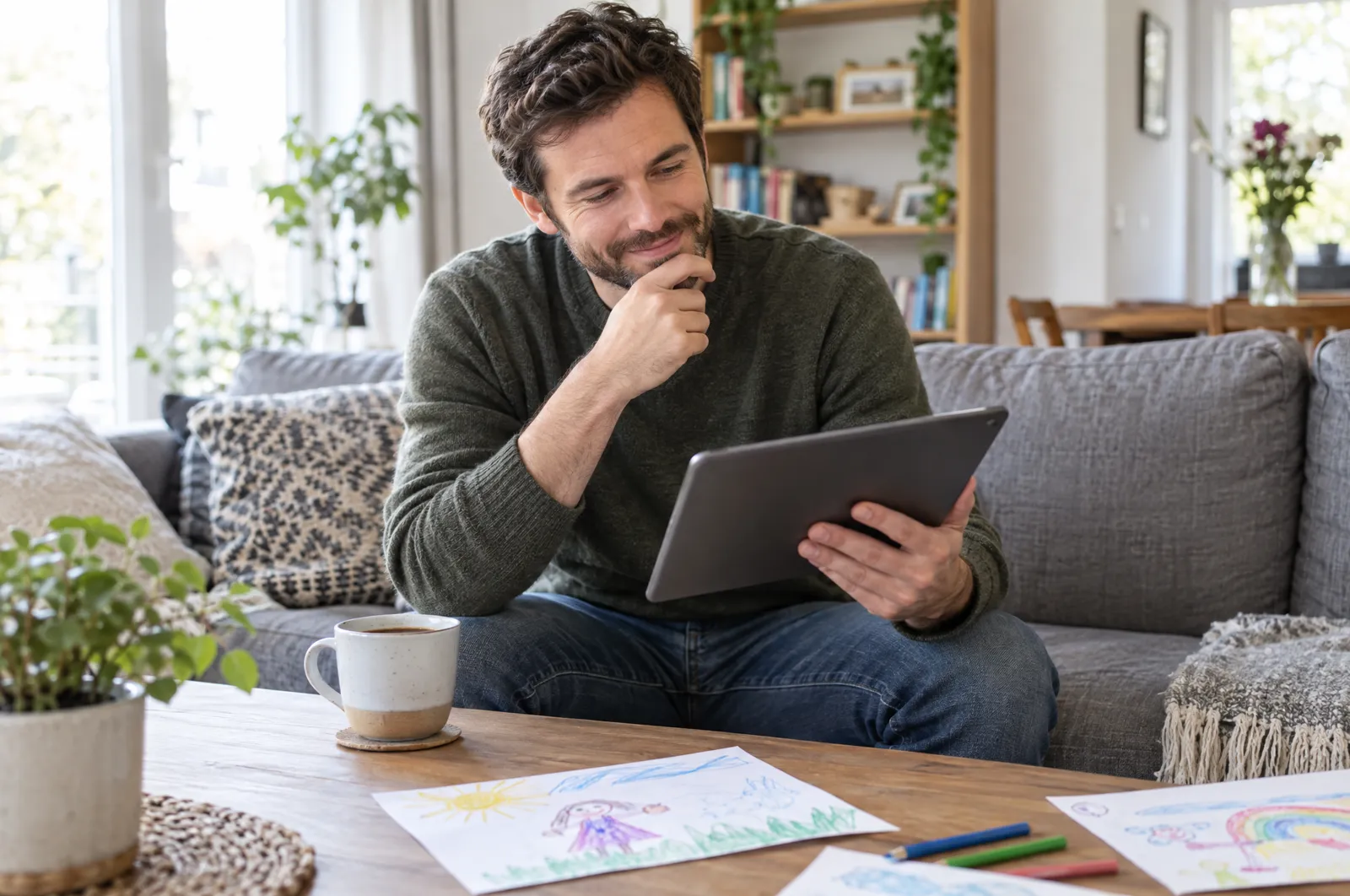 A father reads on a tablet with a curious smile