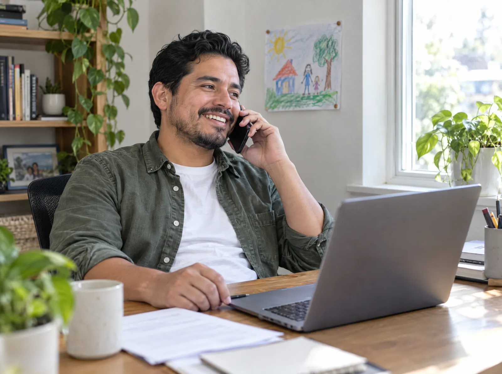 A father smiles on a phone call at his home desk with a laptop
