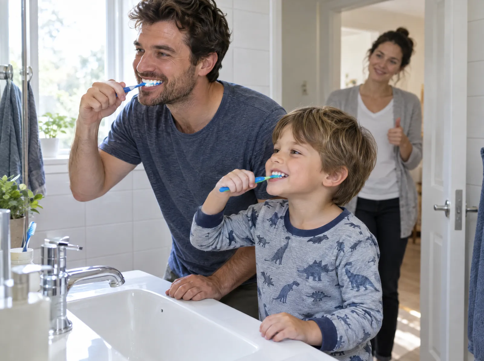 A father and son brush their teeth together while a therapist encourages them from the doorway
