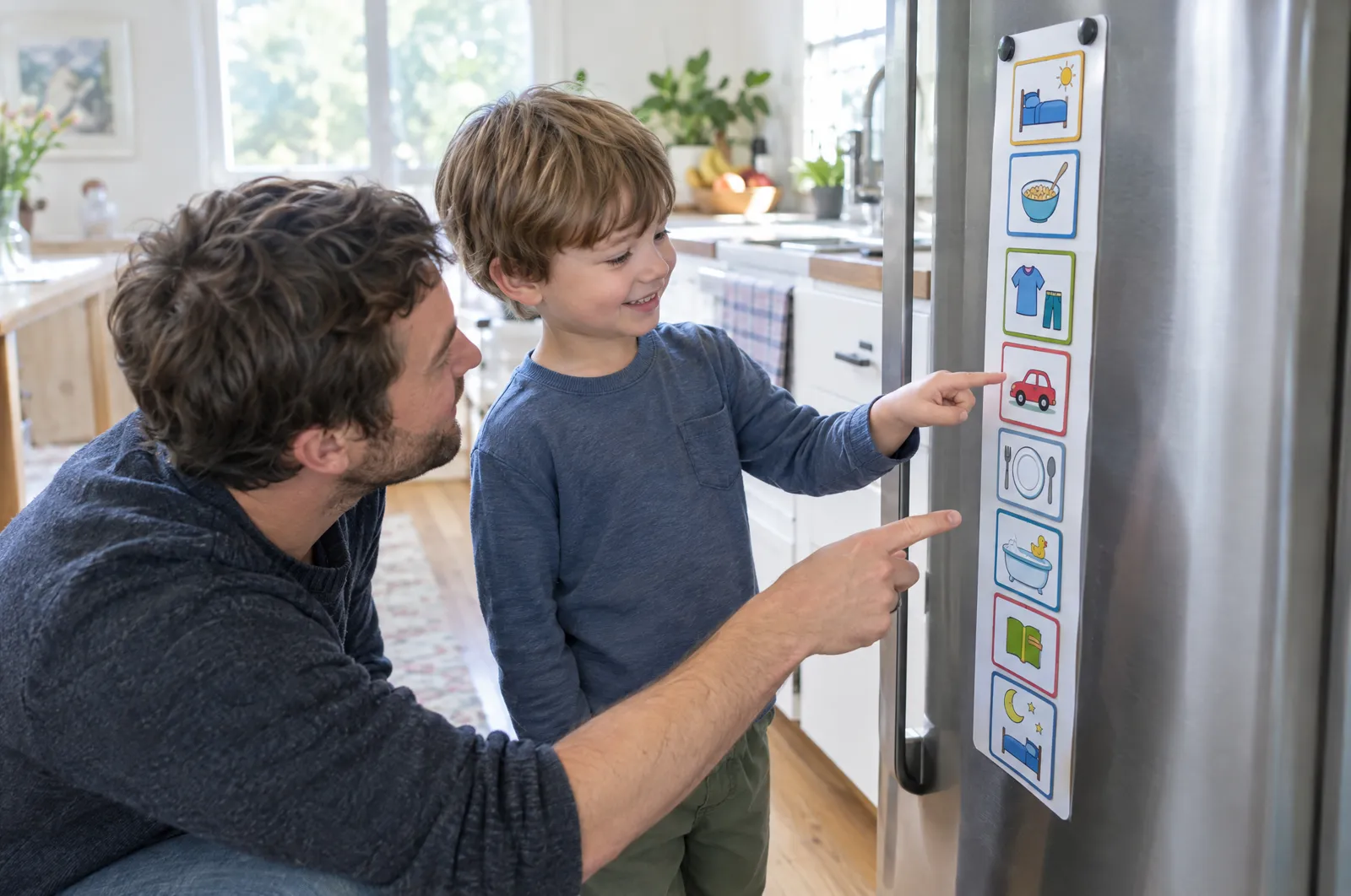 A father and son point at a picture schedule on the fridge