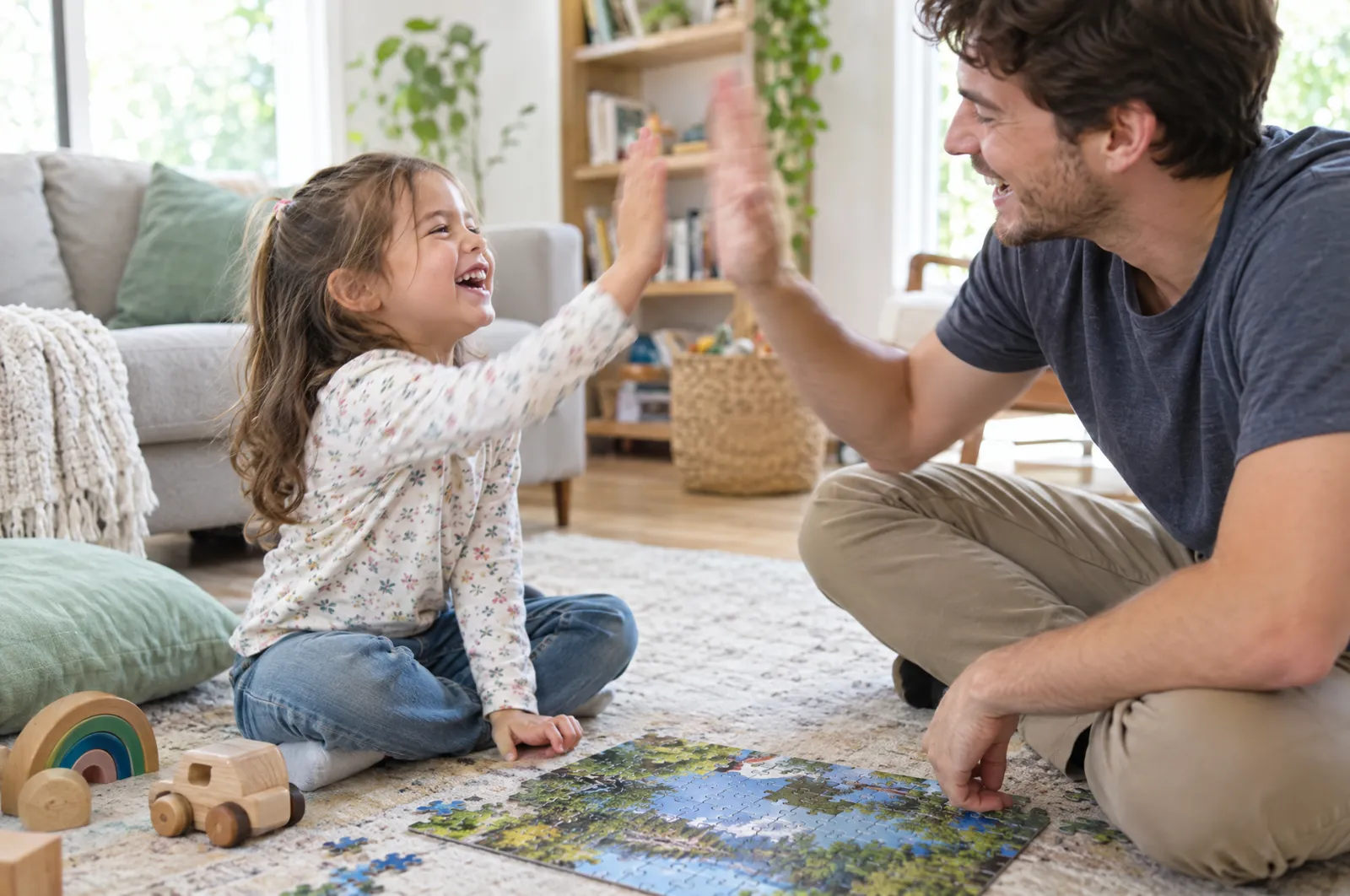 A girl gives her therapist a high five after finishing a puzzle