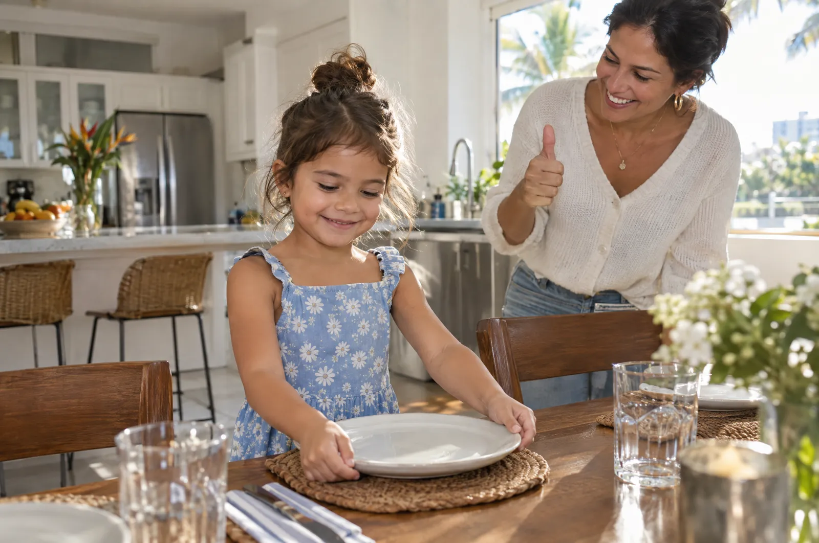 A girl helps set the dinner table as her mother gives a thumbs up