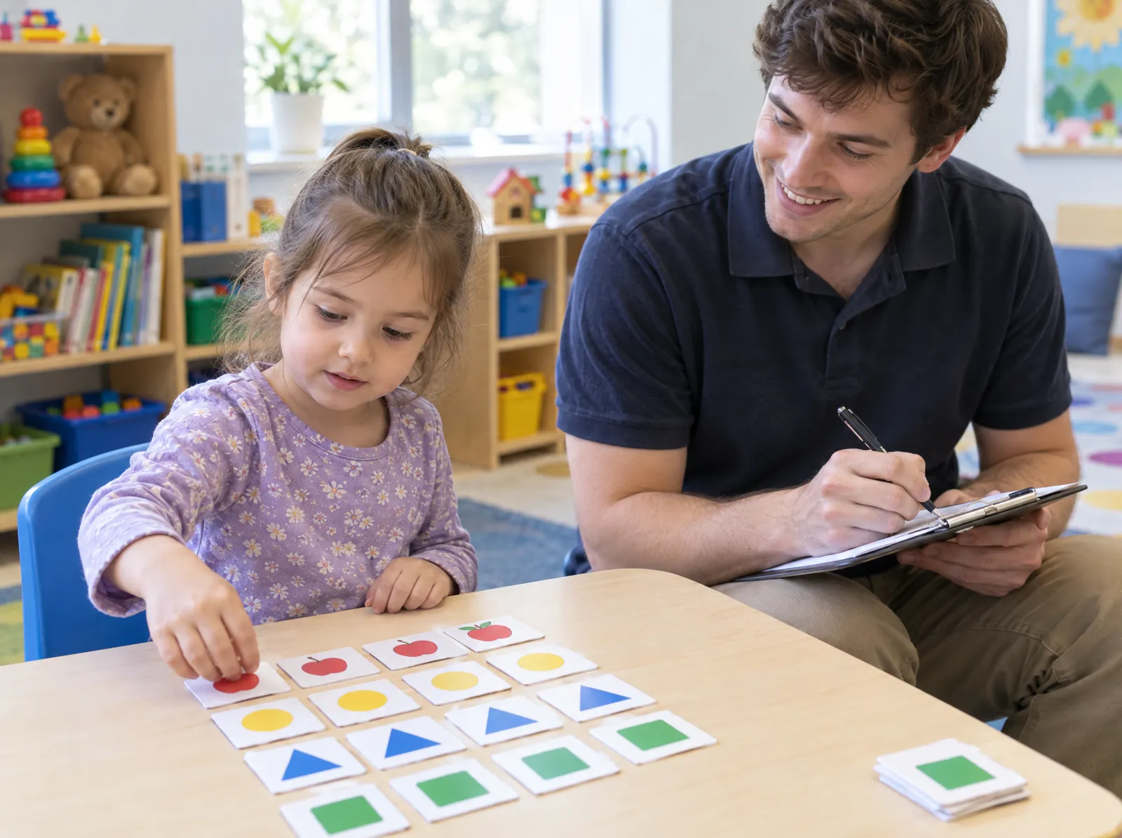 A girl matches colorful cards as a behavior technician notes her progress on a clipboard