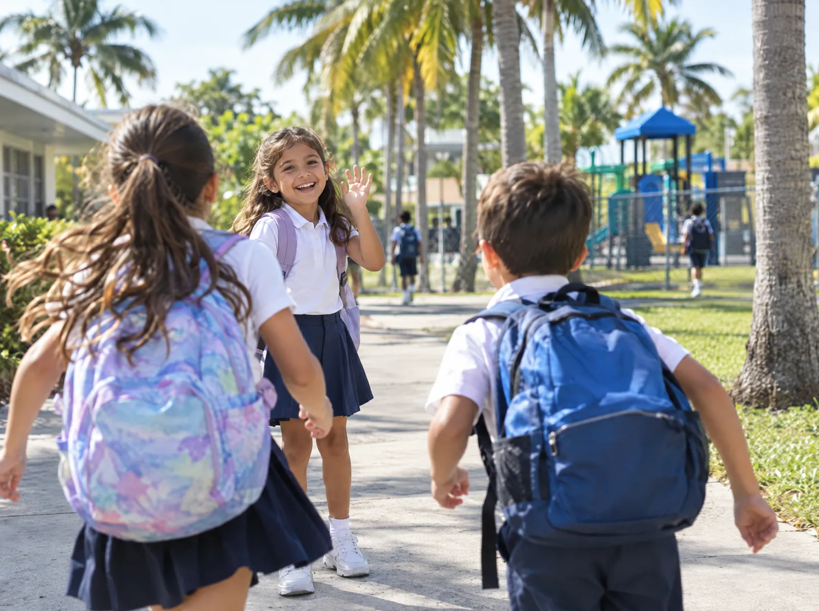 A girl waves hello to classmates running toward her on a school playground