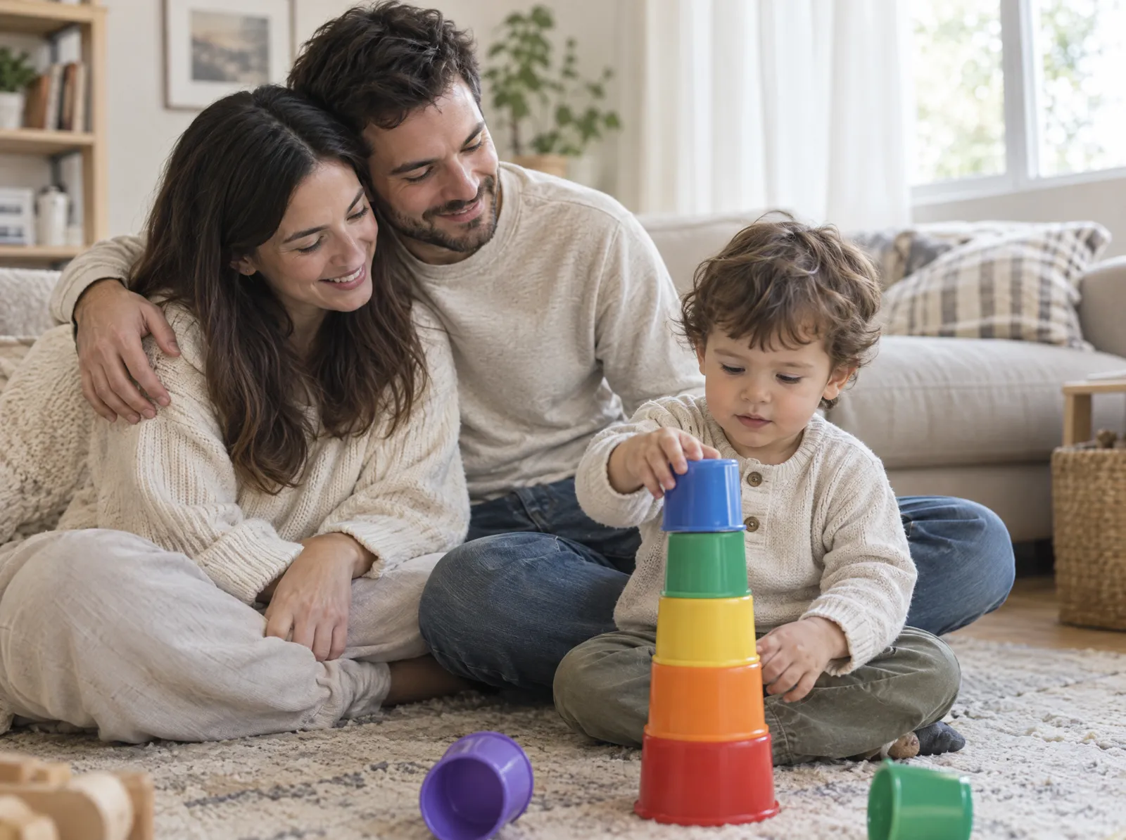 A mother and father sit on the floor warmly watching their toddler stack colorful cups
