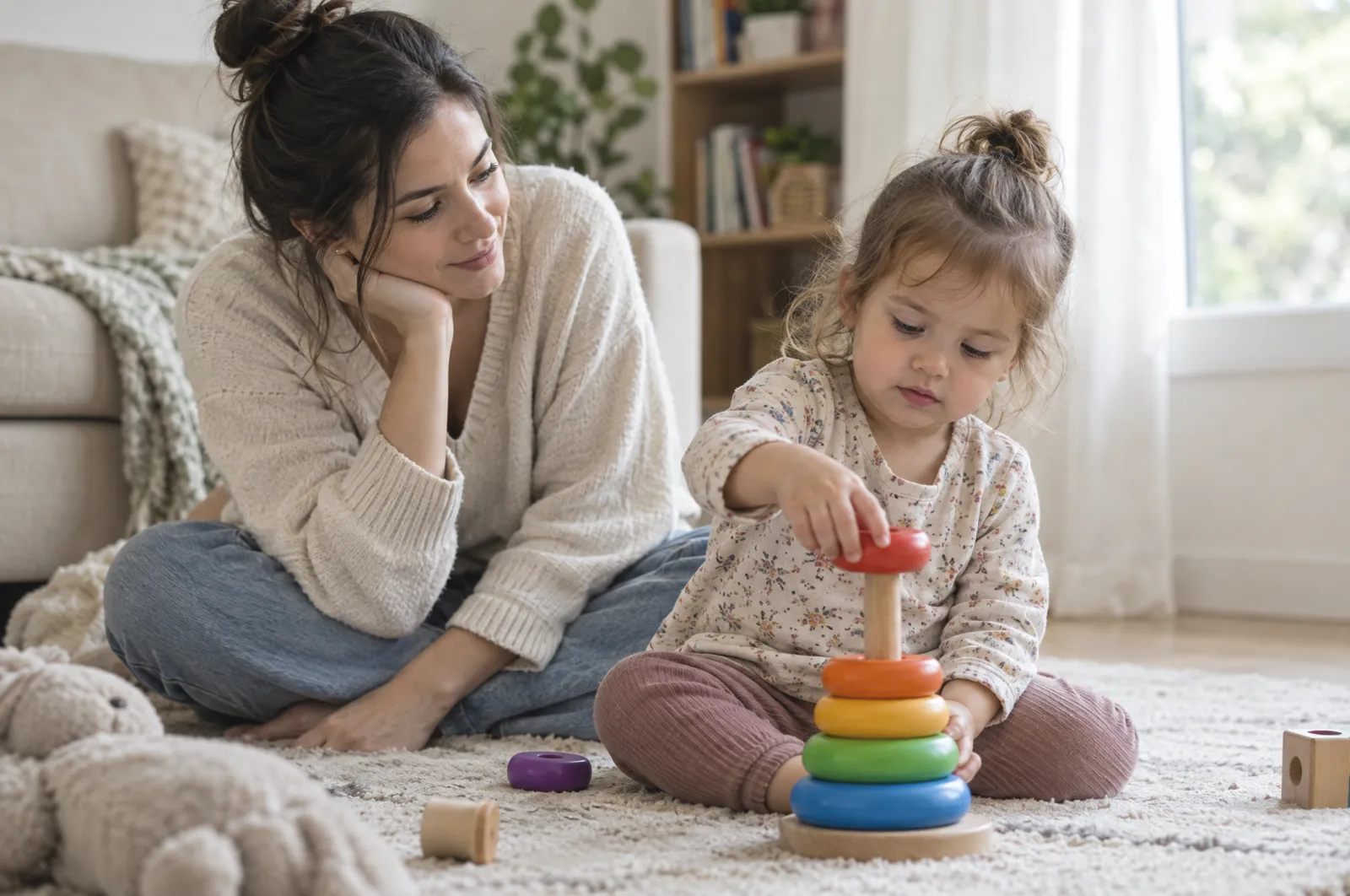 A mother lovingly watches her toddler play with stacking rings