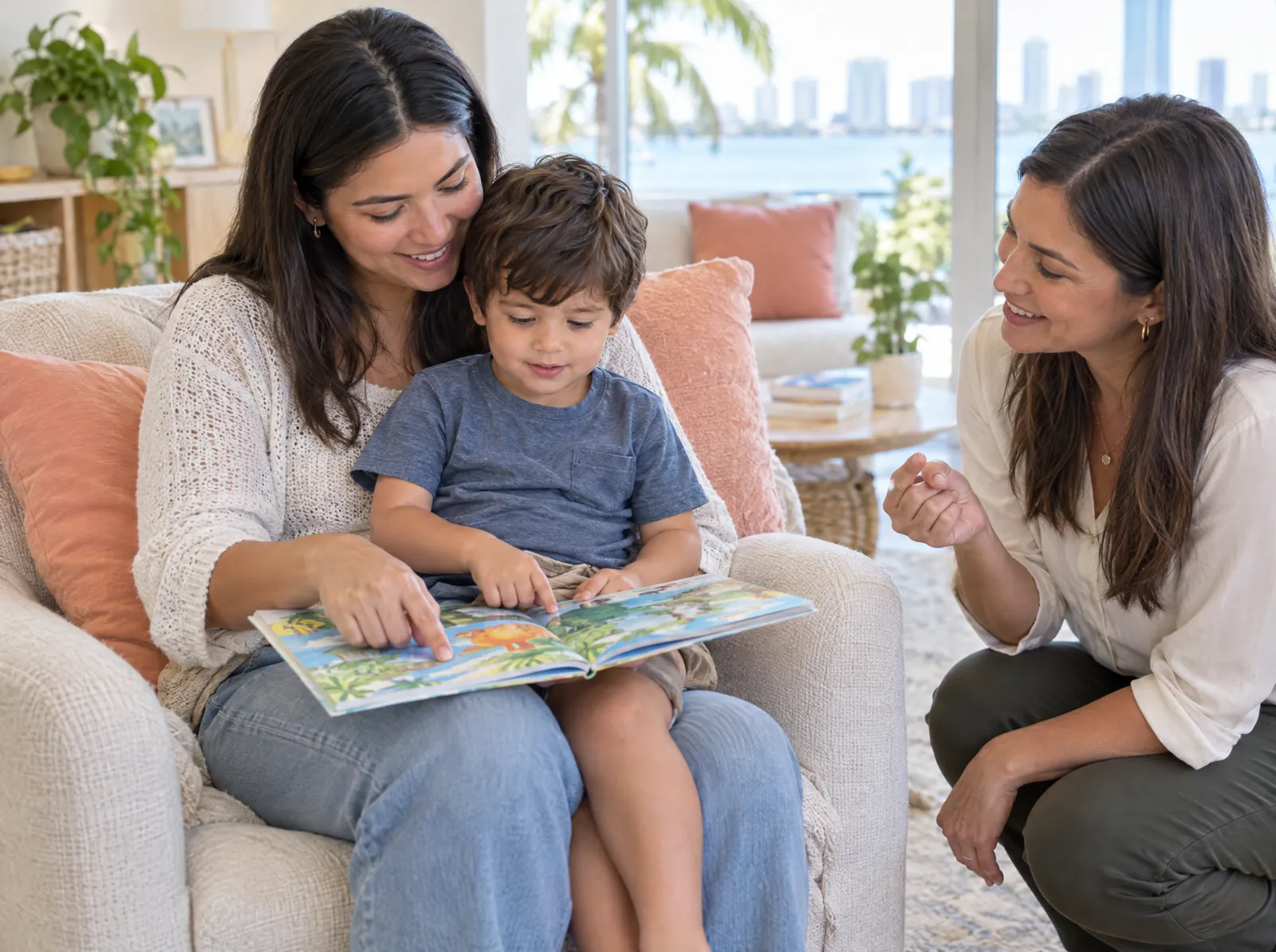 A mother reads a picture book with her toddler while a therapist kneels beside them with a quiet tip