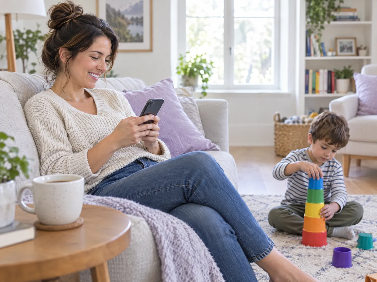A mother smiles as she sends a text message from her sofa