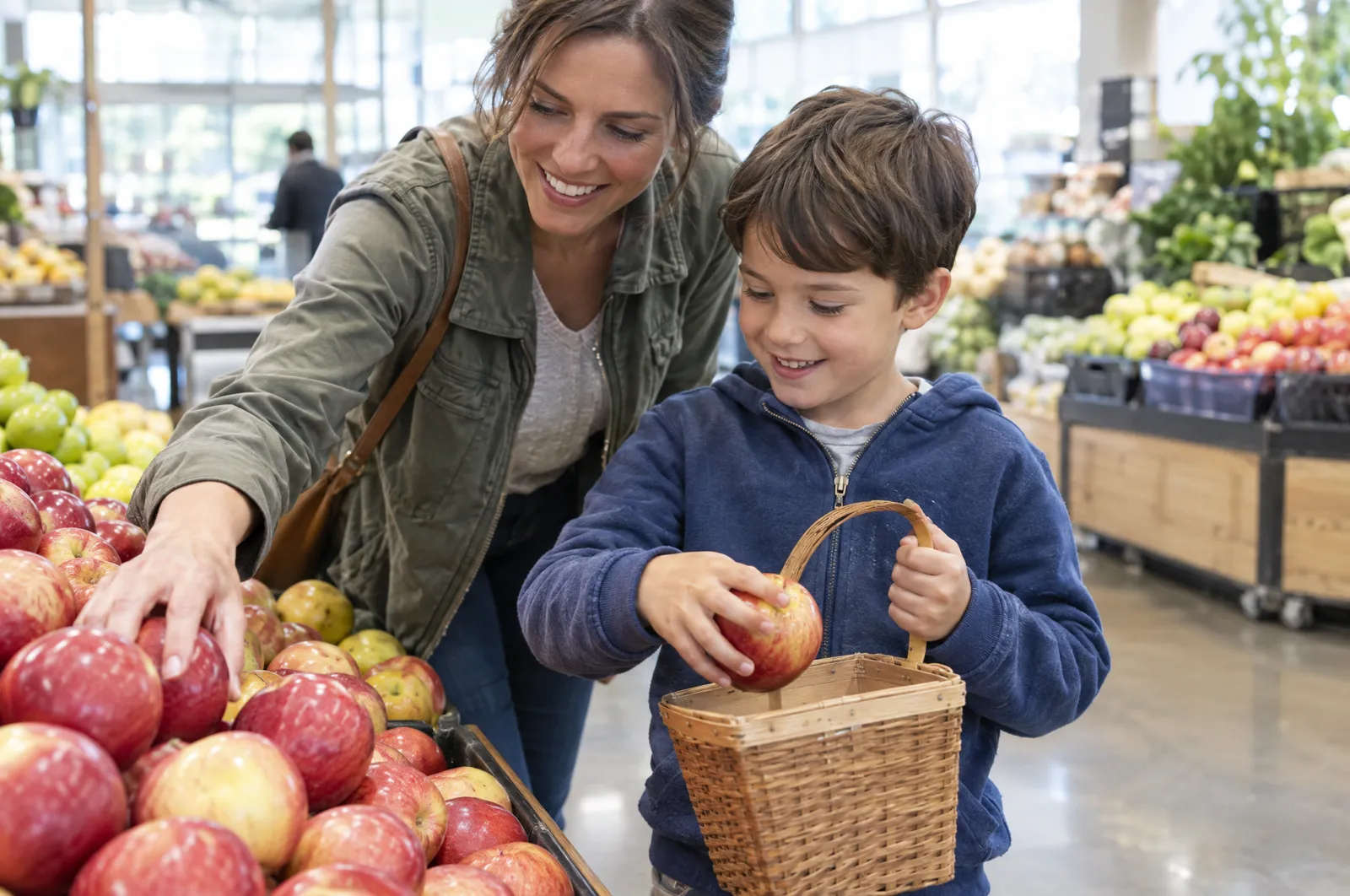 A mother and son pick apples together at the grocery store