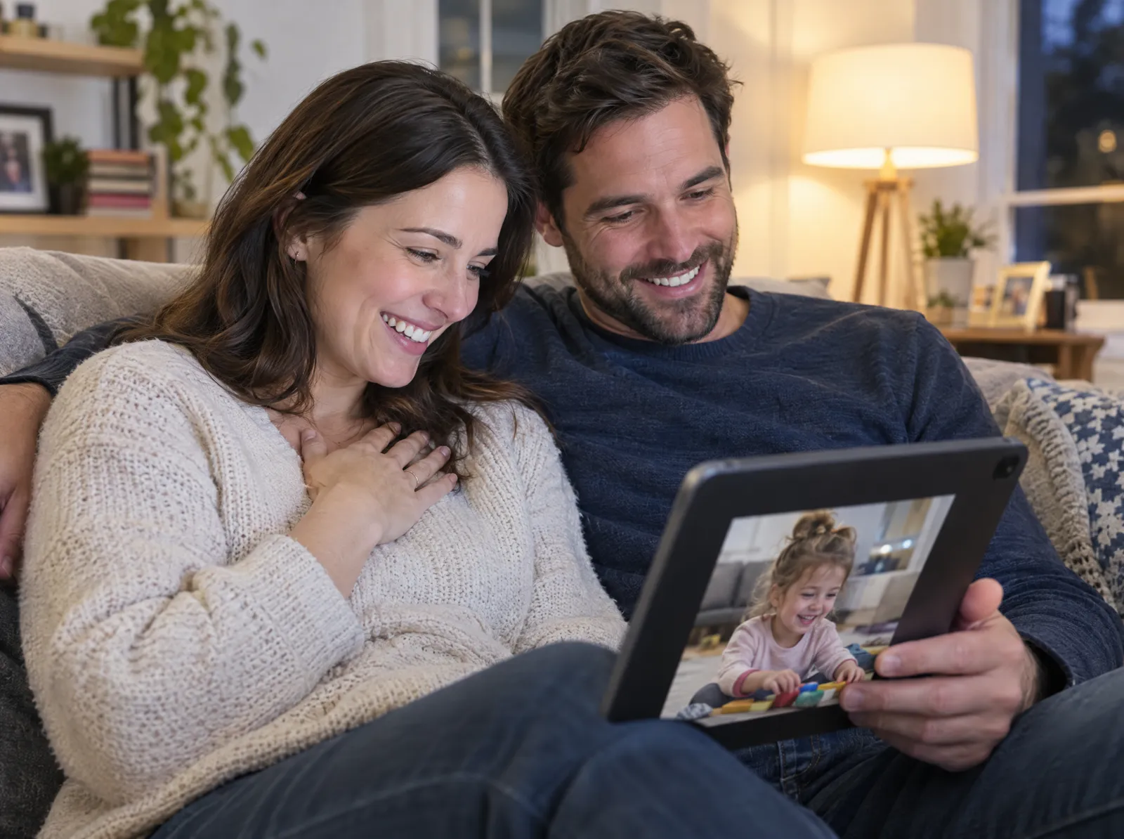 Parents smile as they watch a video of their child on a tablet