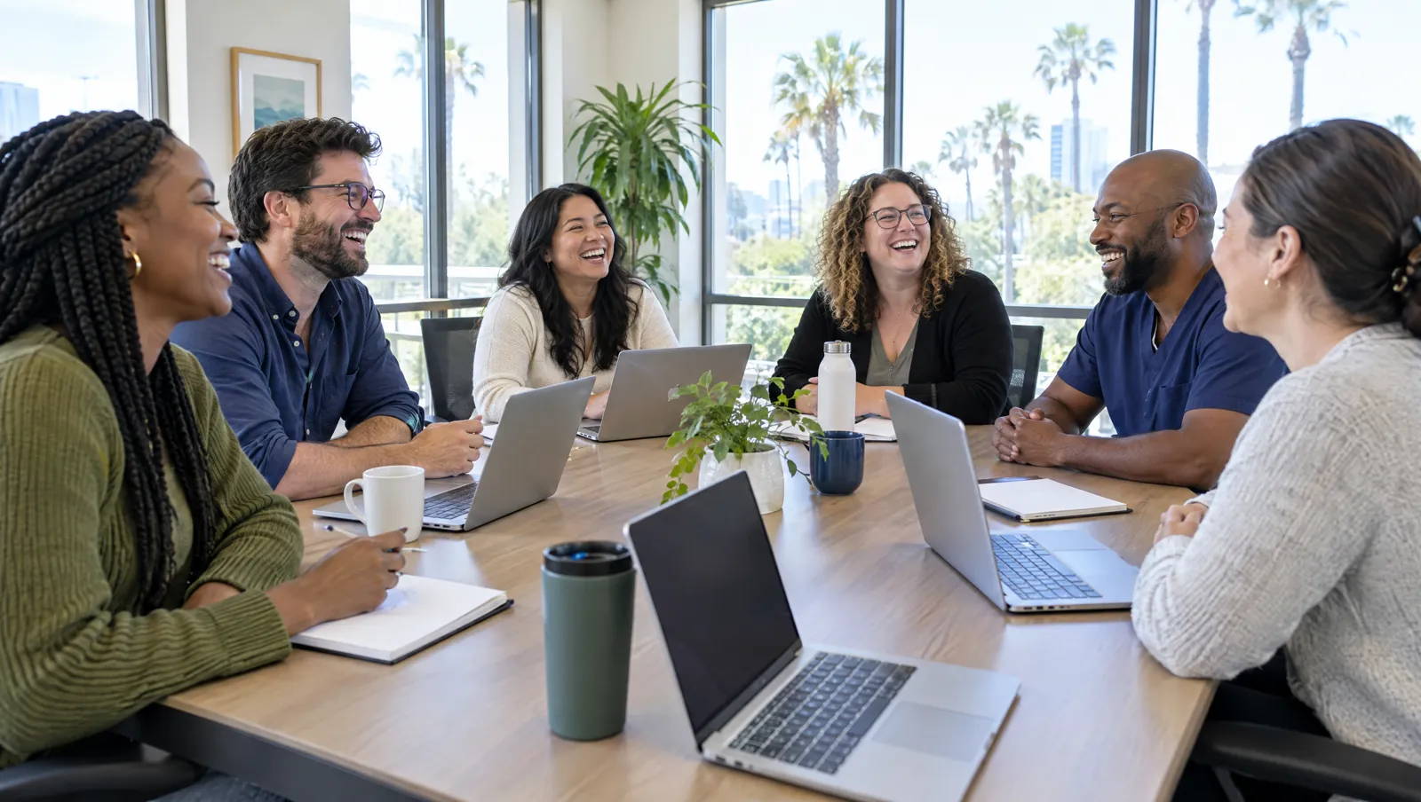 A team of therapists laughs together around a table during a meeting in a bright office