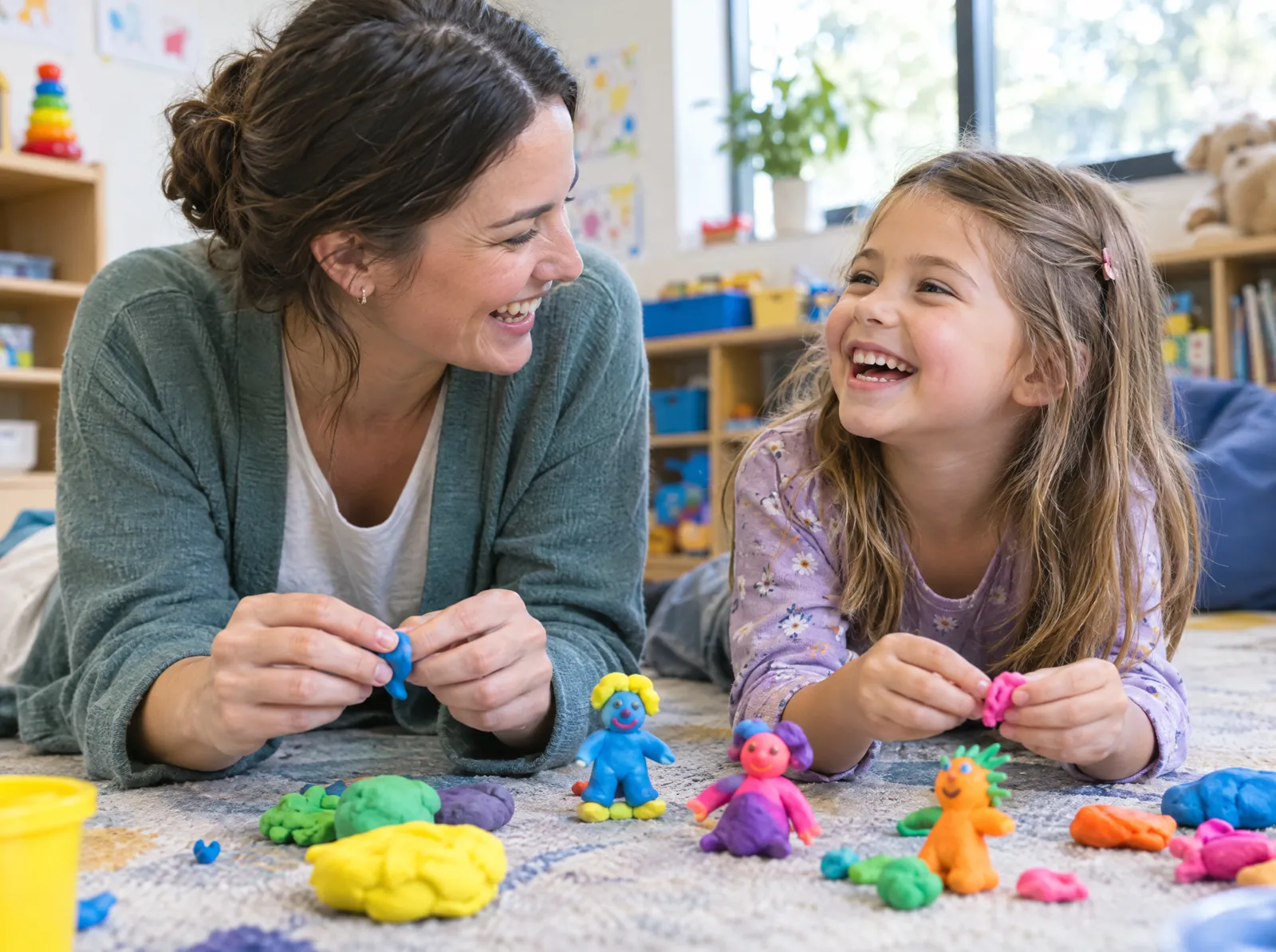 A therapist and a girl laugh together while shaping play dough