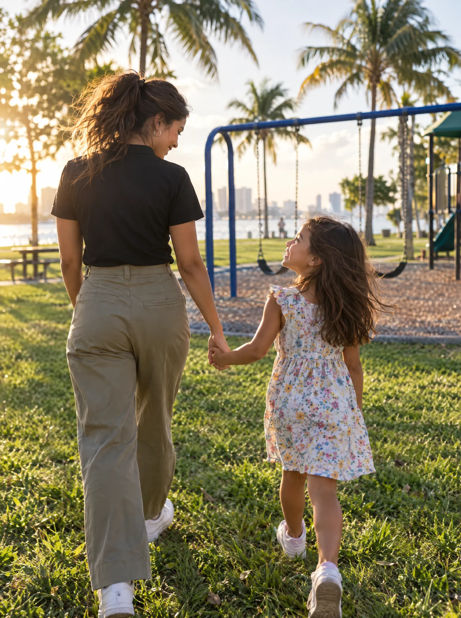 A therapist and a girl walk hand in hand toward the swings in a sunny Miami park