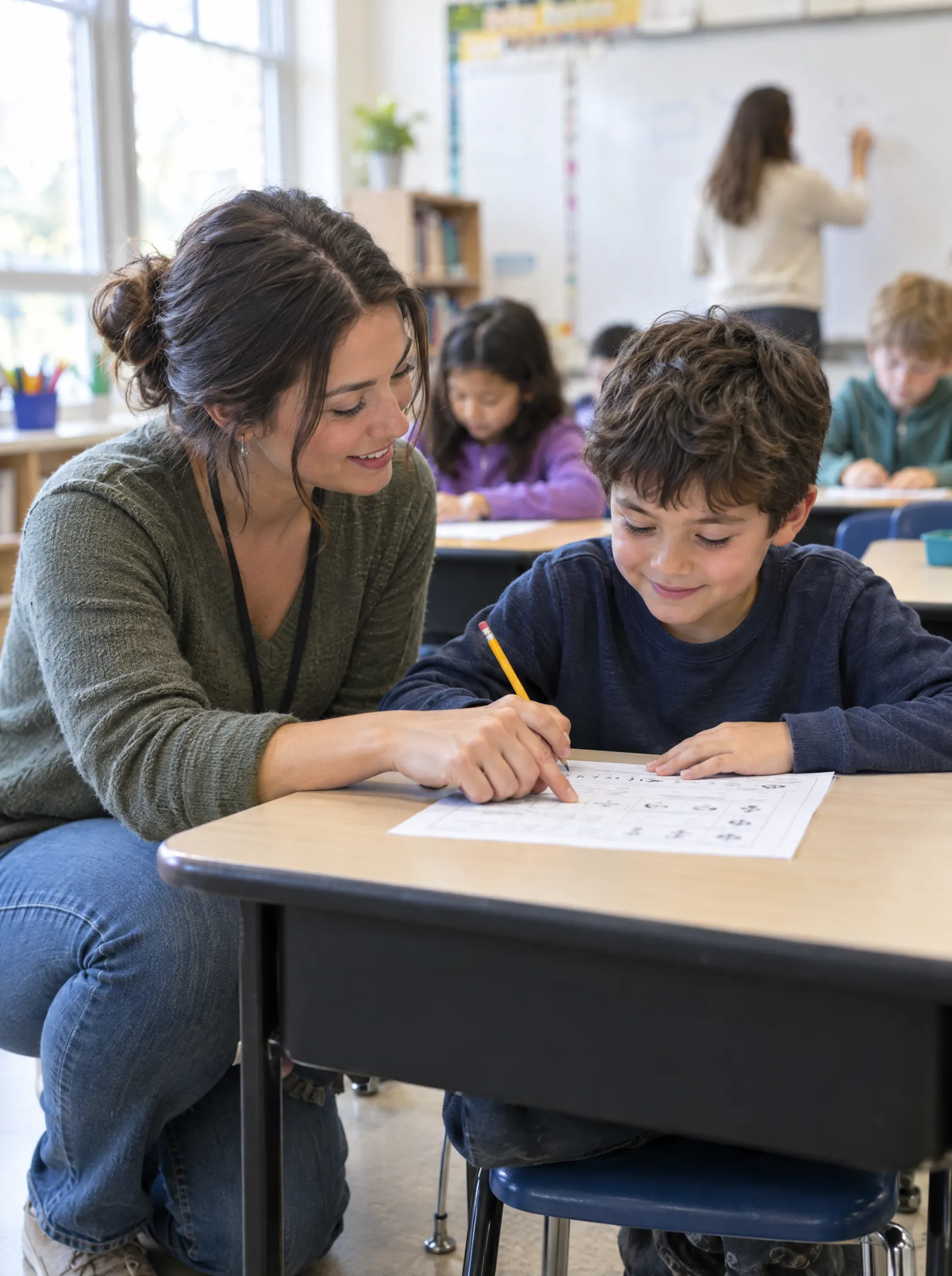 A therapist kneels beside a boy at his classroom desk