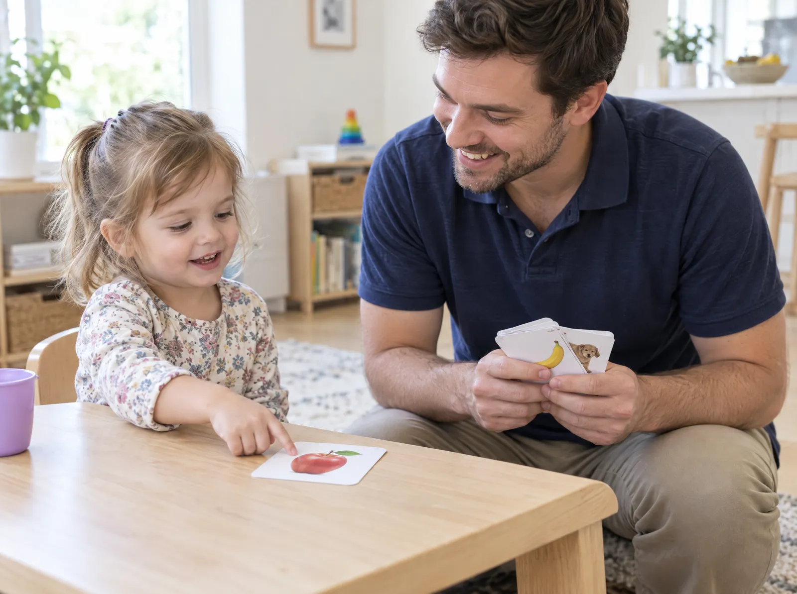 A therapist kneels beside a young girl who points at a picture card of an apple
