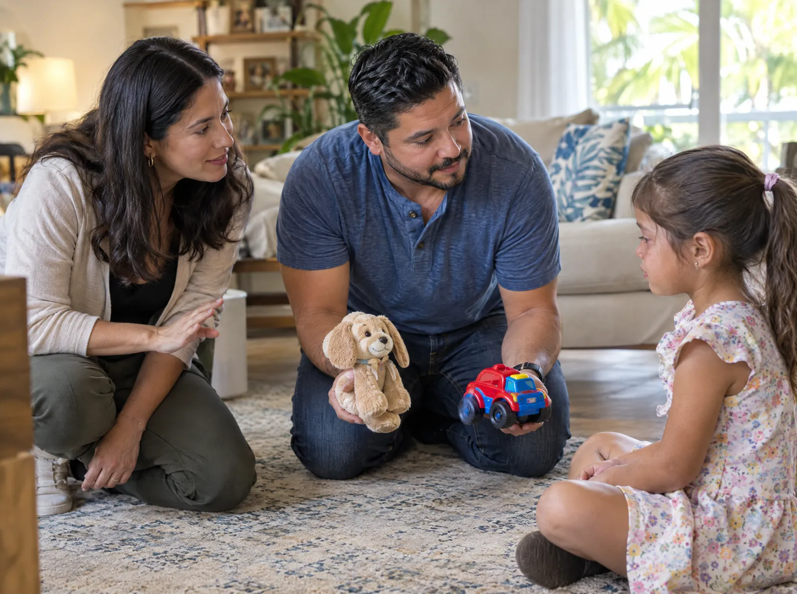 A therapist quietly coaches a father as he calmly offers his upset daughter a choice of toys