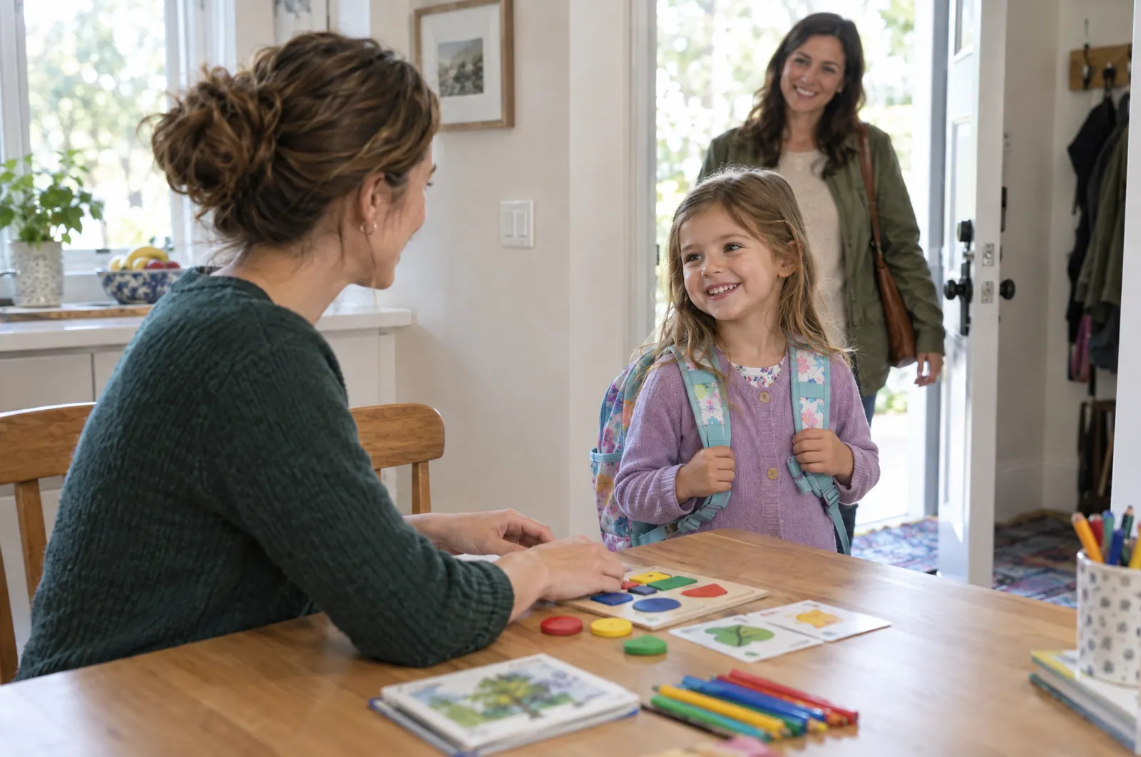 A therapist sets out materials as a girl arrives for her session