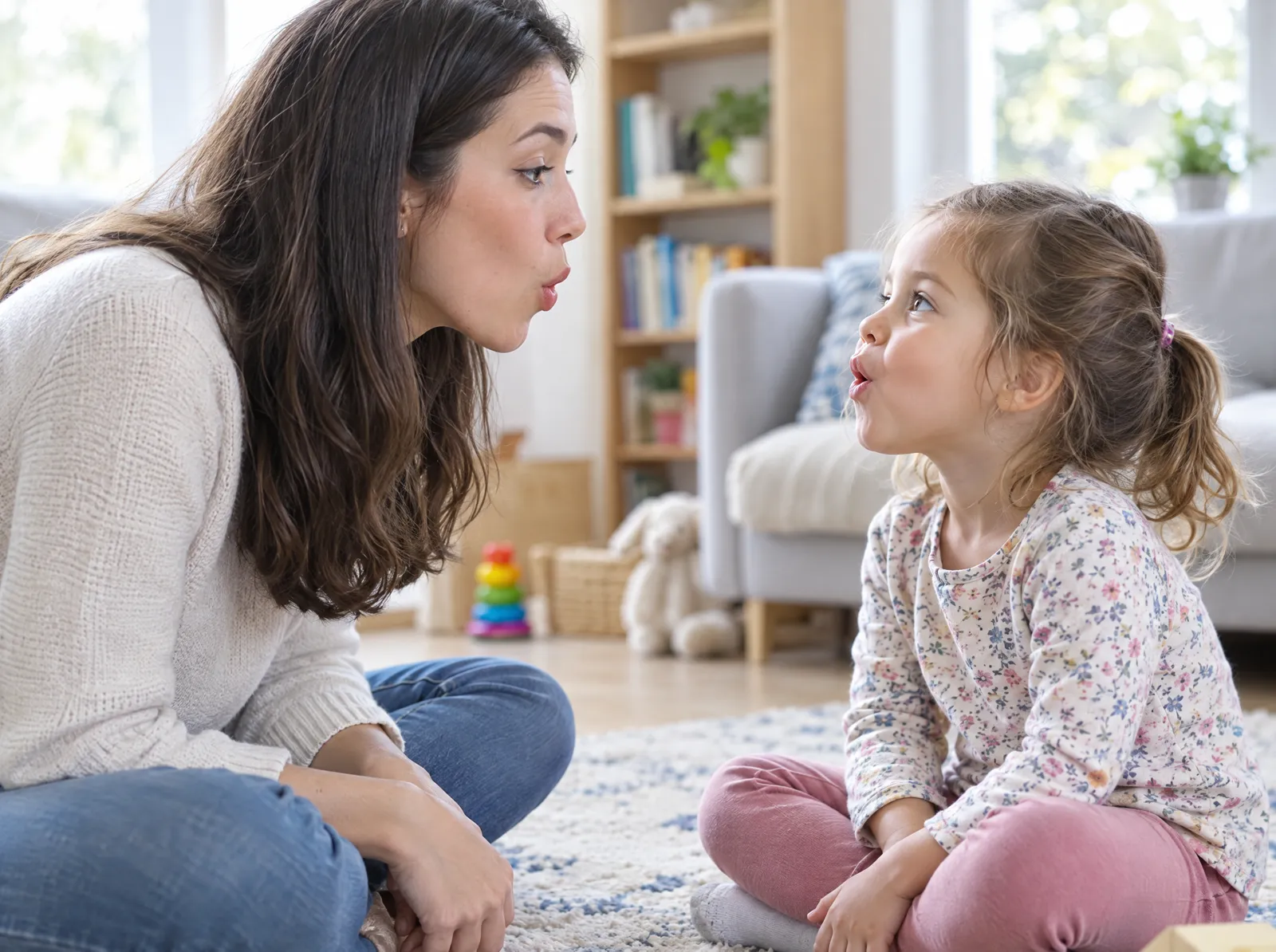 A therapist and a young girl sit face to face, both shaping their lips into an 'oo' sound