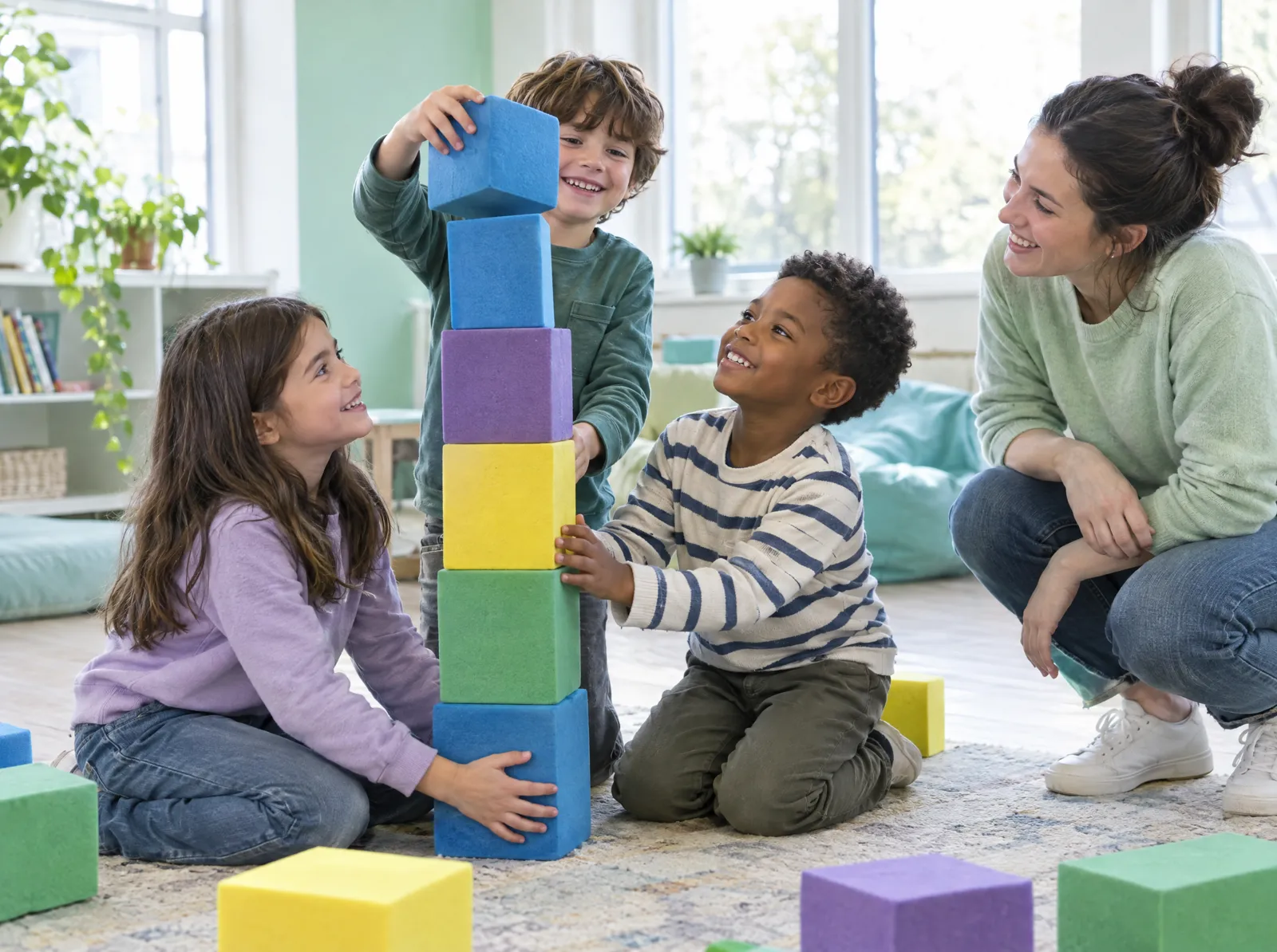 Three children work together to build a tall tower of foam blocks as a facilitator watches