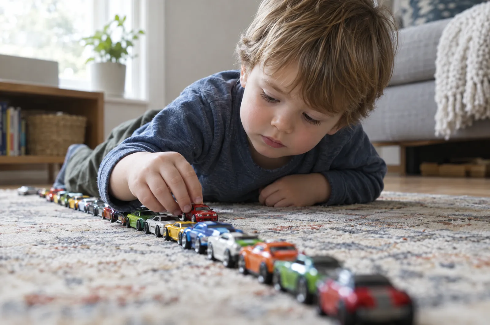 A toddler lines up toy cars on a rug
