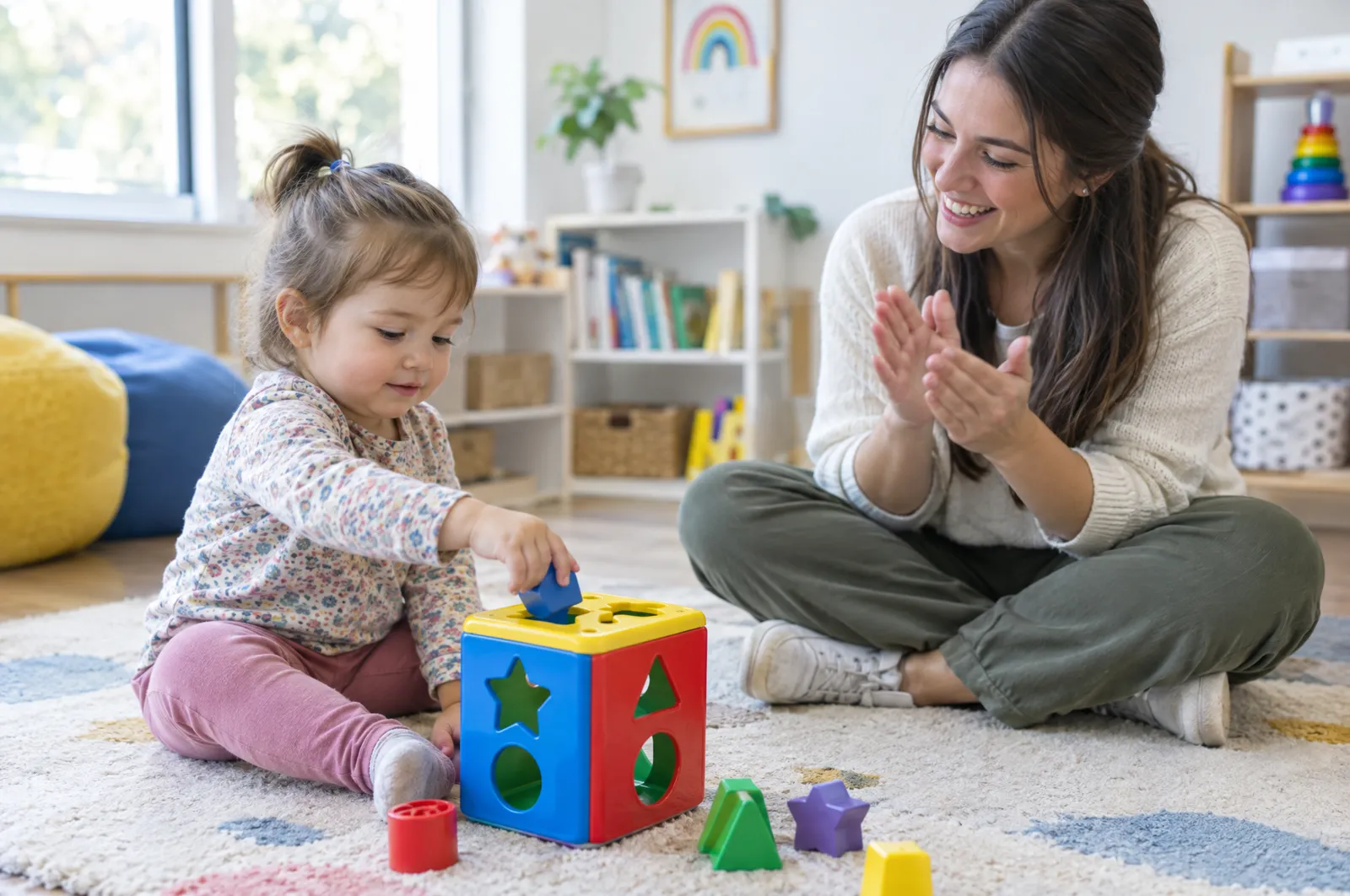 A toddler places a shape in a shape sorter as a therapist claps