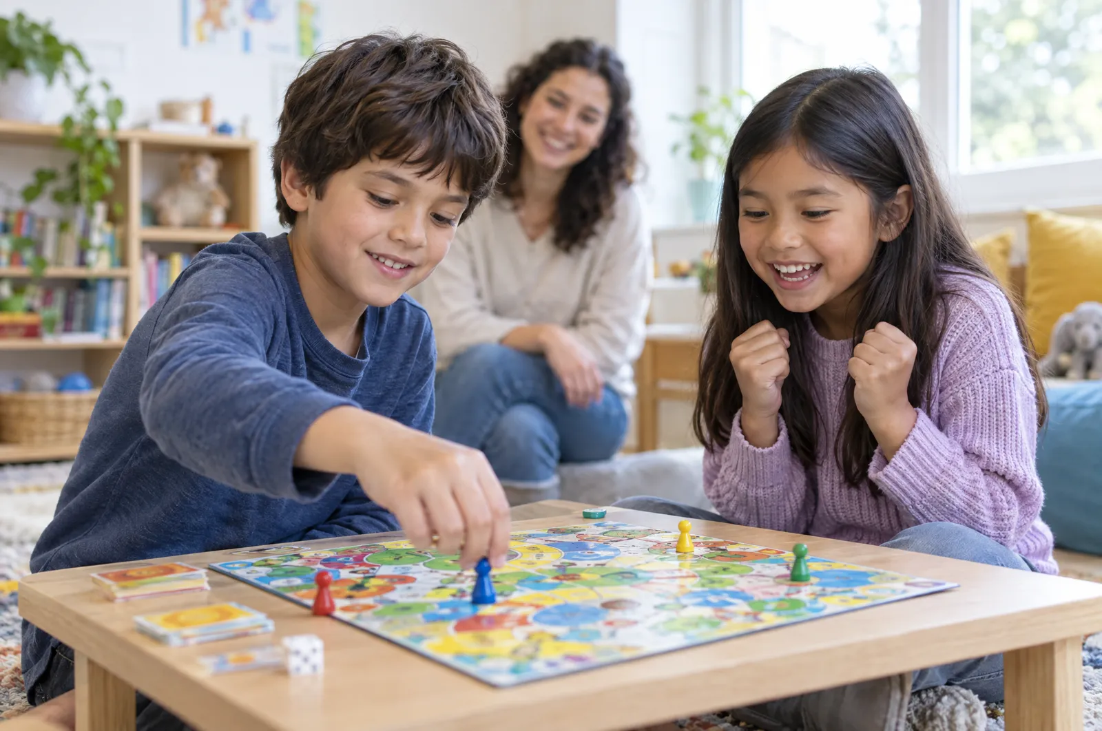Two children take turns in a board game