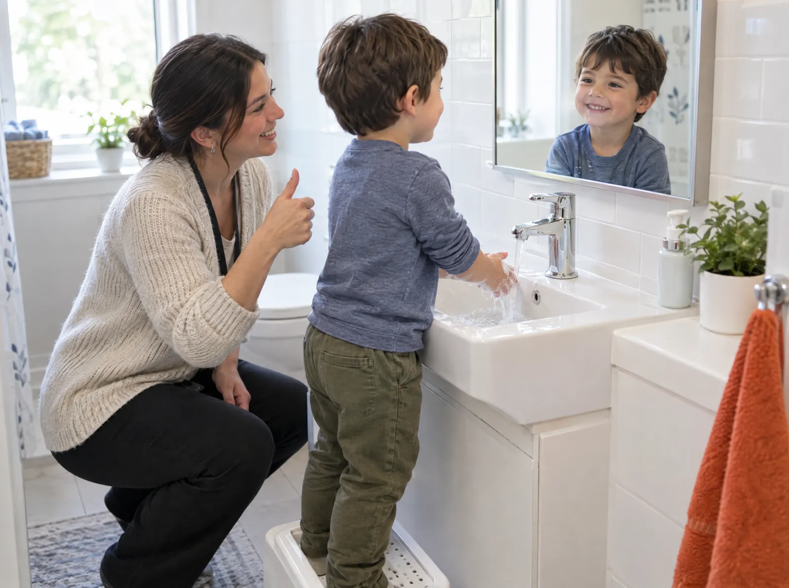 A young boy washes his hands at the sink while his therapist gives him a thumbs up